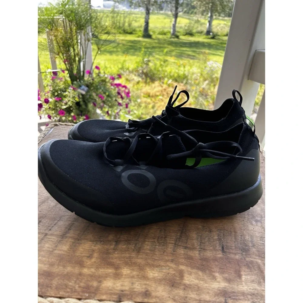 OOFOS OOmg Sport Low Black Recovery Shoes Mens 12 EU45 Lace Up Sneakers
